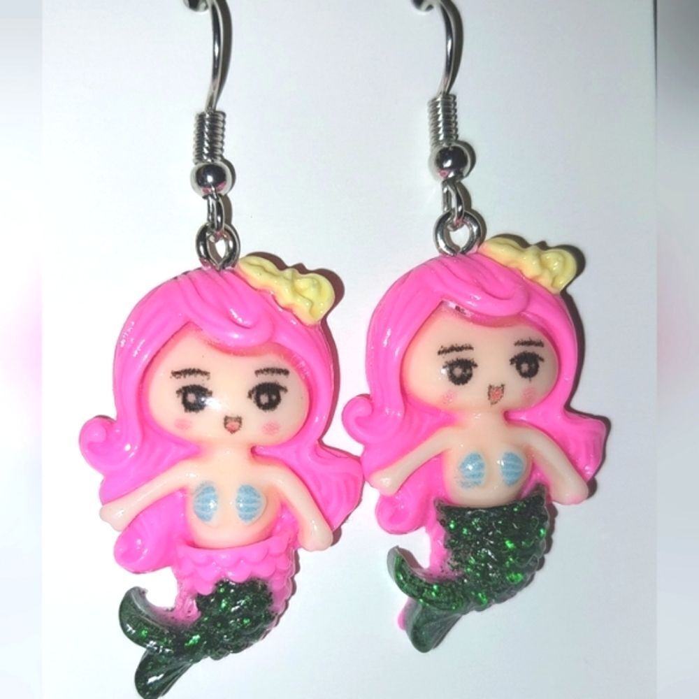 Pink Hair Super Cute Anime Mermaid Earrings